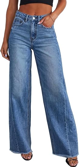 EMMIOL Women's 2026 Wide Leg Jeans Distress Mid Waist Stretchy Denim Pants Y2K Trousers Clothing