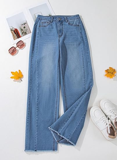 Sidefeel Women's Wide Leg Jeans High Waisted Stretchy Raw Hem Zimbaplatinum Denim Pants